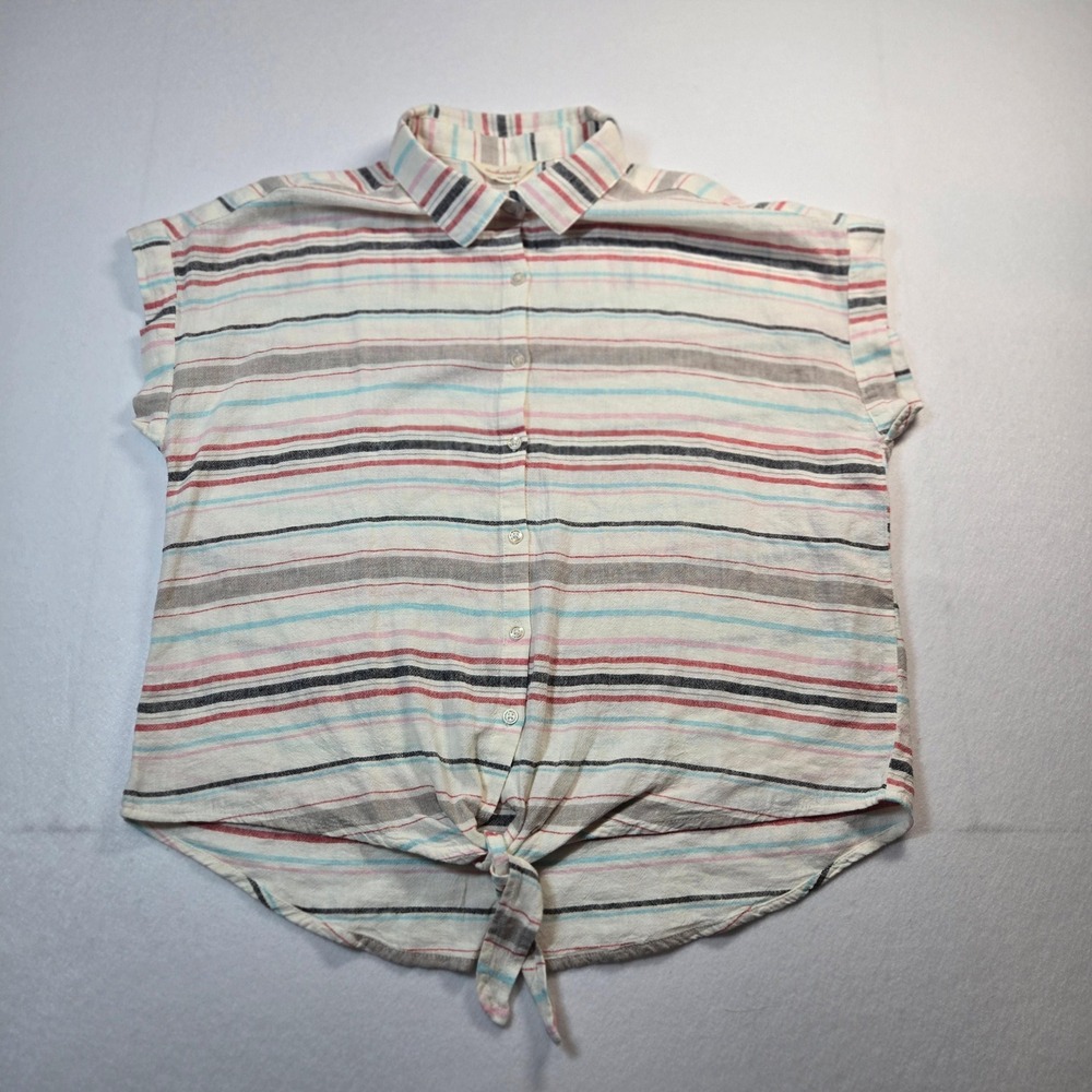 Women's Striped Button-Up Linen Short Sleeve Shirt Size Small